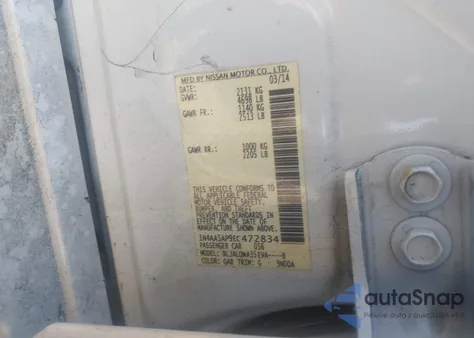 2014 Nissan Maxima 3.5 S z USA, uszkodzony, nr VIN 1N4AA5AP9EC472834